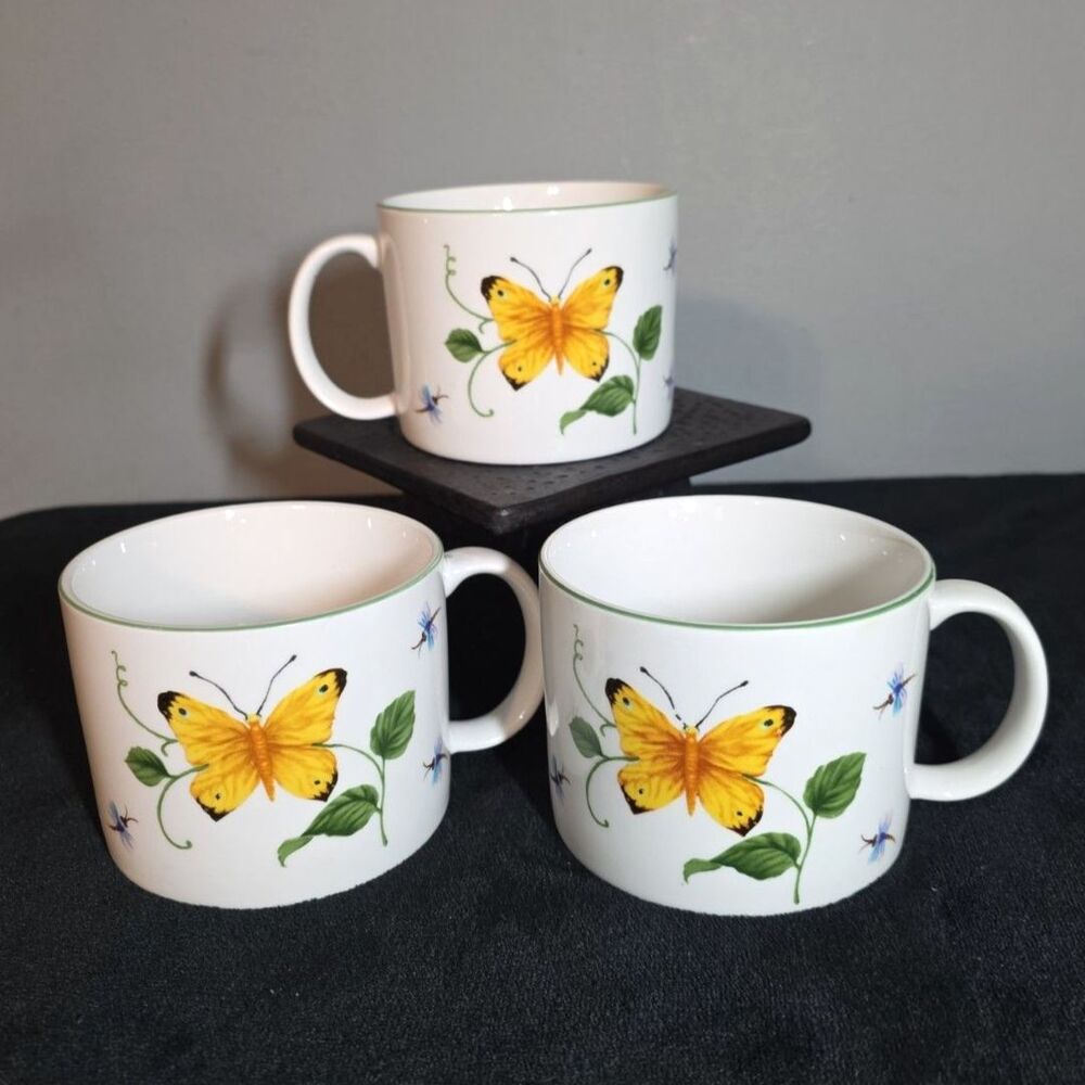 Set of 3 Tabletops Unlimited Butterfly Large Coffee Mugs Soup Cups Ceramic Green